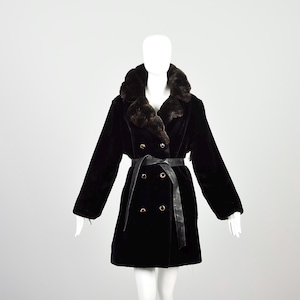 Large 1970s Black Faux Fur Coat Vegan Leather Belted Double Breasted Coat