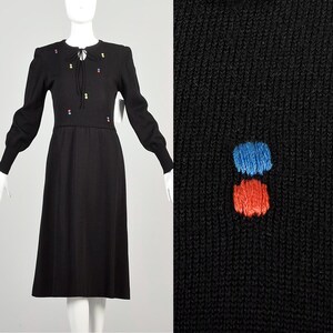 1970s Small Black Wool Knit Dress with Embroidered Dots Long Sleeve Cuffs