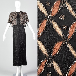 Vestido largo grande con cuentas negras, estilo chaqueta sintética, bordado marrón, cuentas, abertura trasera transparente, manga corta, vintage, años 90