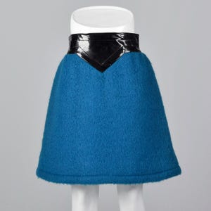 Iconic Pierre Cardin 1960s Space Age Mod Blue Mohair Mini Skirt with Wide Black Vinyl Waistband Vintage 1960s 60s