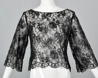 1960s Small Deadstock Floral Lace Sheer Black Top Vintage Long Sleeve Shirt