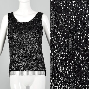 Medium 1960s Sleeveless Black Beaded Blouse 60s Knit Tank Vintage Formal Blouse Sequin Top 1960s Formal Top