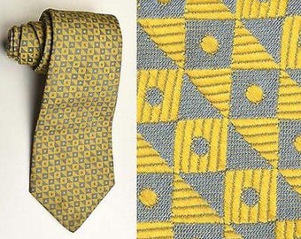 1970s Mens Necktie Wide Tie Neck Tie Gold Gray Geometric Op Art Menswear 70s Vintage