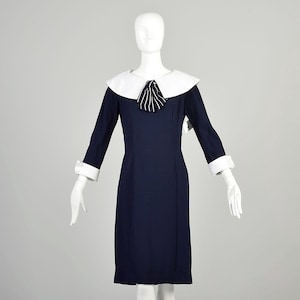 Large 1960s Navy Blue Dress 3/4 Sleeve French Cuffs Wide White Sailor Collar Striped Bow Sheath Dress