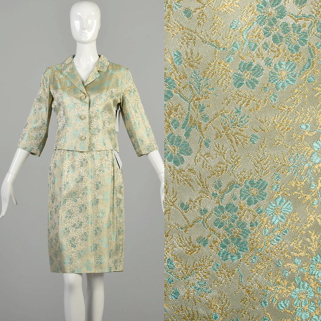 60’s Teal Pantsuit with Sheer Sleeves and White Embroidery Detail