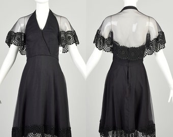 XXS 1960s Black Halter Sheer Cape Medallion Embroidery Trim LBD Cocktail Party Mini Dress