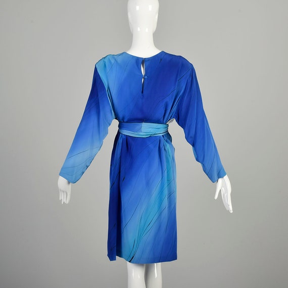 XL 1980s Blue Silk Dress Hand Painted Abstract Bl… - image 2