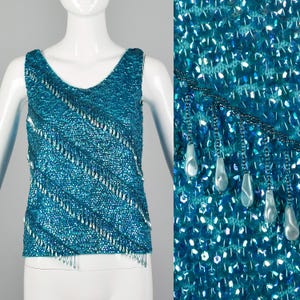 Small 1960s Blue Beaded Tank Vintage Sleeveless Blouse Sequin Top 60s Knit Top 60s Shell Blouse Teal Blouse