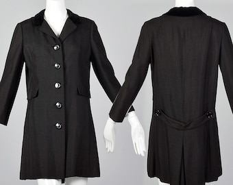 Small Black Top Coat Style Jacket Vintage 60s Velvet Collar Faux Pockets Long 1960s Lightweight Womens Coat with Polka Dot Lining