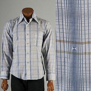 1960s Deadstock NOS Mens Vintage 60s VTG Atomic Mod Geometric Op Art Long Sleeve Poly Cotton Shirt Blue Tan