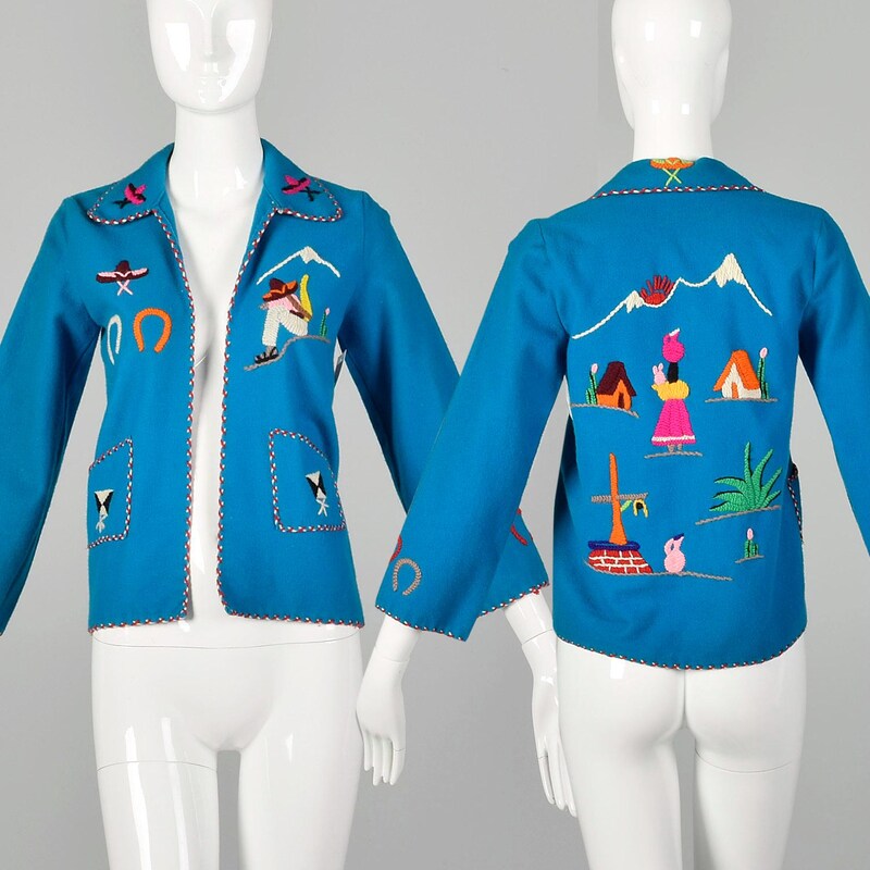 XXS 1950s Souvenir Mexican Tourist Jacket Blue Teal Embroidered Horseshoe Donkey Wool Jacket
