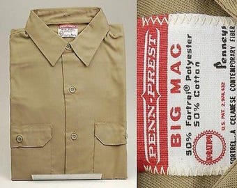 NOS Deadstock Vintage Mens 70s Big Mac Penneys Khaki Gabardine Work Wear Shirt Long Sleeve Penn Prest