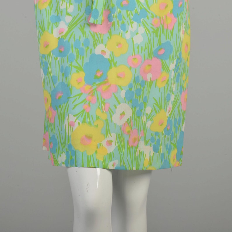 XL 1960s Spring Green Dress Pastel Floral Grass Yellow Pink Blue Sleeveless Summer Casual Colorful Shift Mini Dress image 9