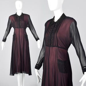 Vestido negro transparente de los años 90, mediano, con forro rosa, manga larga, estilo gótico pastel, encaje negro, años 90, vintage.
