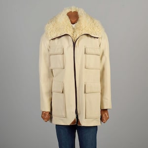 1970s Robert Lewis Coat Patch Pockets Mongolian Lamb Rugged Canvas Preppy Winter Coat