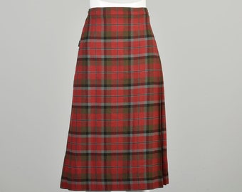Small 1980s Burberrys Wool Wrap Skirt Red Green Plaid Tartan Adjustable Buckle Waist Pleated Midi Tea Length Kilt