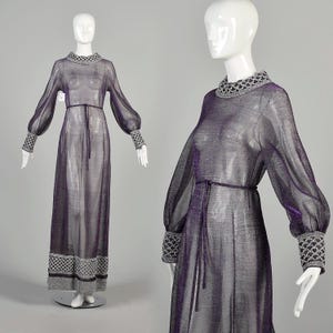 1970s Metallic Maxi Dress Purple Lurex Belted Long Sleeve Maxi Gown Formal Woven Shiny Purple Dress