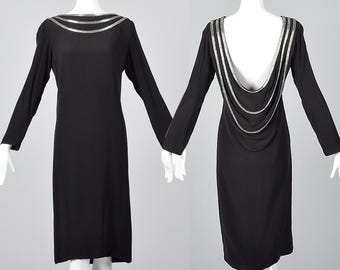 1970s Bob Mackie Sexy Winter Dress Backless Evening Dress Long Sleeves Little Black Dress Beaded Neckline Draped Back
