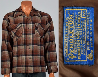 XL 1960s Mens Pendleton Wool Plaid Shirt Long Sleeve Square Cut Patch Pockets Brown Red Winter Vintage 60s Button Down