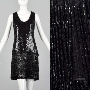 Small 1980s Black Sequin Dress Vintage Beaded Shift Dress Little Black Dress Cocktail Dress 80s Flapper Dress