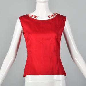 XXS Red Tank Top Cotton Sleeveless Button Back Spring Summer 1950s Vintage Shirt