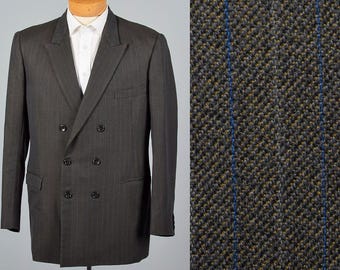 42L 1980s Mens Double Breasted Suit Jacket Gray Blue Pin Stripes Medium Lapels Double Vent Menswear 1980s Vintage