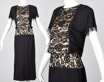 Large 1980s Black Lace Dress Illusion Lace Cocktail Party Dress Short Sleeves Midi Skirt Evening Wear 80s Vintage
