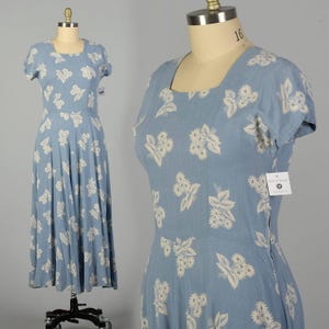 XL 1950s Day Dress Blue Floral Novelty Print Rayon Casual Short Sleeve Vintage Extra Large