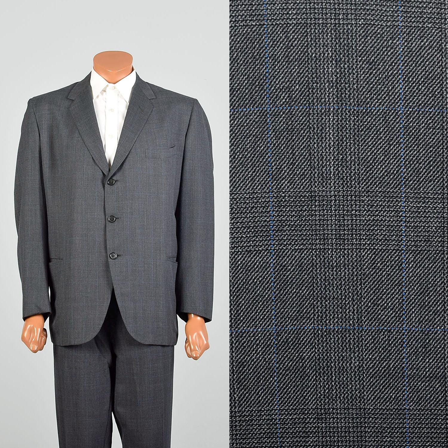 Large 1950s Vintage Gray and Blue Glen Plaid Three Button Large 1950s Vintage Gray and Blue Glen Plaid Three Button