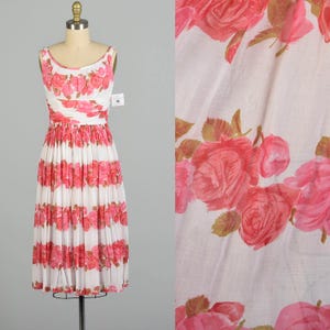 XXS 1950s Flowy Sleeveless Summer Pink Novelty Rose Print Cotton Dress