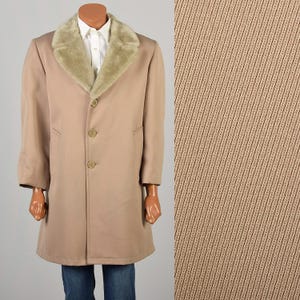 Large Vintage 1970s Coat Zero King Tan Brown Neutral Outerwear Winter Vegan Faux Fur Collar Lined Three Buttoned Overcoat Coat  Mens Coat