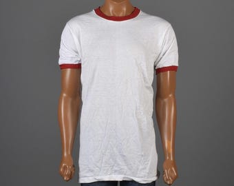 Small Deadstock 1970s Ringer Tee 70s T-Shirt TShirt White Cotton Red Ribbed Knit Collar Cuffs Hippie Boho Mens Womens Vintage