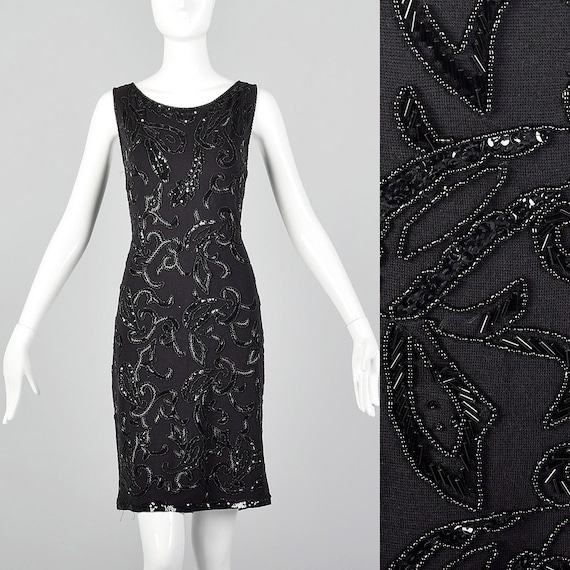 Large Carmen Marc Valvo Black Beaded Dress Fitted Short Beading Sequins Stretch Vintage 1990s Body Con Little Black Dress