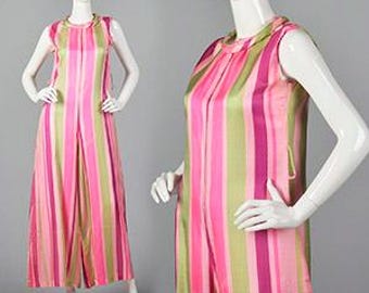 Medium 1960s Pink Stripe Jumpsuit Sleeveless Silky Jumpsuit Casual Spring Summer
