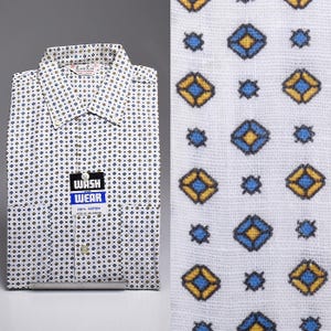Small 1950s Mens Shirt Cotton Print Shirt Short Sleeve Button Down Collar Blue Yellow Casual Vintage 50s