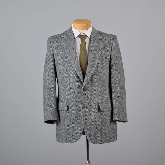 Mens Vintage 70s Harris Tweed Wool Herringbone Gray Blue Yellow Mens Vintage 70s Harris Tweed Wool Herringbone Gray Blue Yellow