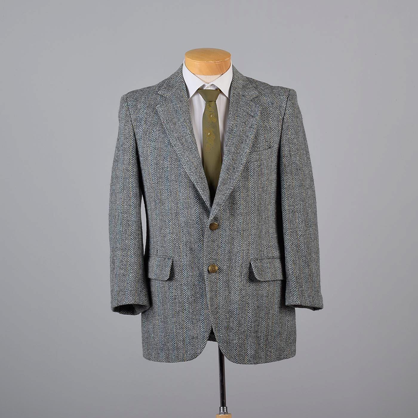 Mens Vintage 70s Harris Tweed Wool Herringbone Gray Blue Yellow