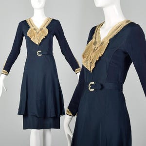 XS Frances Faire Frocks 1930s Vintage Navy Blue Lace Collar Dress