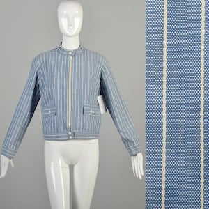 1960s Large Jacket Striped Blue and White  Lightweight Casual Cropped Jacket Top Outerwear Spring Americana Railroad Buttoned Zip Jacket
