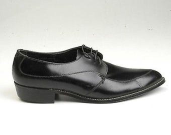 NOS Deadstock Mens Vintage 60s Black Leather Oxford Derby Shoes Lace Up Slim pointed Toe 8