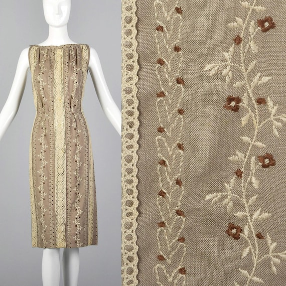 XS 1960s Moygashel Irish Linen Dress Sleeveless Pencil Dress Lace