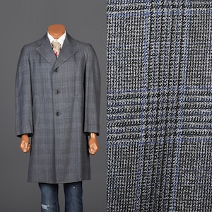 Medium 1970s Top Coat 70s Plaid Overcoat Glen Plaid Blue Black Gray Business Topcoat Vintage Man Coat Wide Lapel Mens Coat Fall Spring