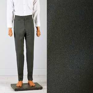 30x29 Vintage 60s Mod Green Bronze Sharkskin Black Leather Trim Pocket Tapered Skinny Pants Slacks