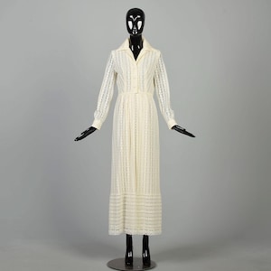 XS 1970s Cream Lace Maxi Dress John California Long Sleeve Collared Button Up