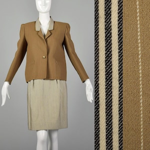 Medium 180s Vintage Bill Blass Skirt Suit Tan Ivory Contrasting Stripe Pattern Boxy Blazer Pencil Skirt