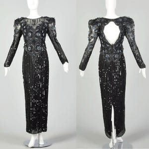 Medium Bellissima Dress 1980s Black Silk Beaded Sheer Formal Sequin Keyhole Back Evening Gown