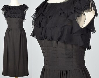 Vestido pequeño de los años 40, vestido de cóctel negro, vestido de tubo, estilo pin-up, de gasa, con volantes y corpiño ajustado.