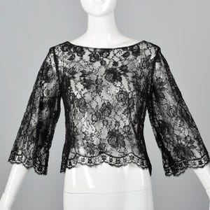 Small Deadstock Floral Lace Sheer Black Top Vintage 1960s Long Sleeve Shirt