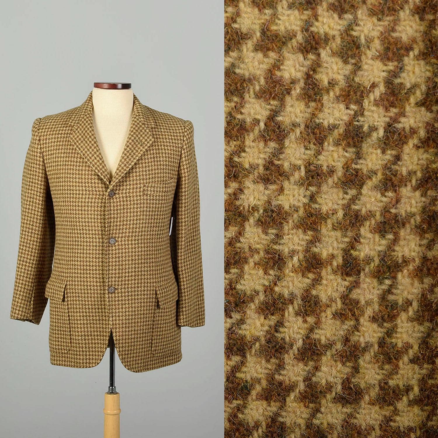 XS 1950s Houndstooth Wool Tweed Tan Beige Brooks Brothers 3