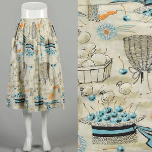 Medium 1950s Novelty Cotton Skirt Fruit Food Wine Kitchen Cooking Vegetables Restaurant Print Tea Length Midi Skirt